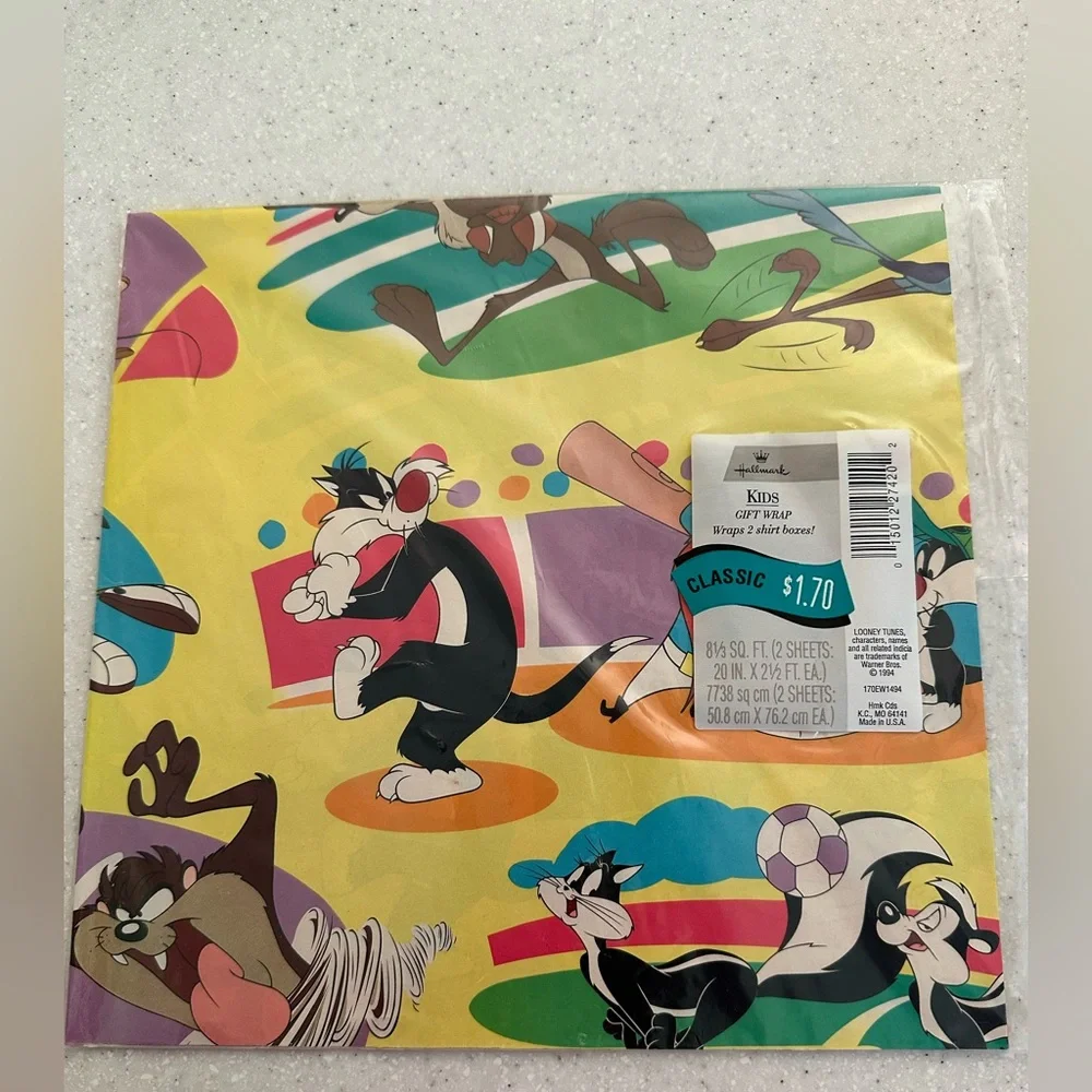 New Vintage Hallmark Looney Tunes Gift Wrap Sports Birthday Party 1994 Taz Daffy